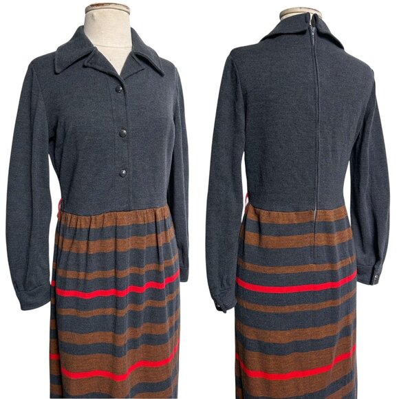 70s vintage maxi shirt dress wool blend pointed collar stripe buttonup Knitique. - Picture 3 of 9